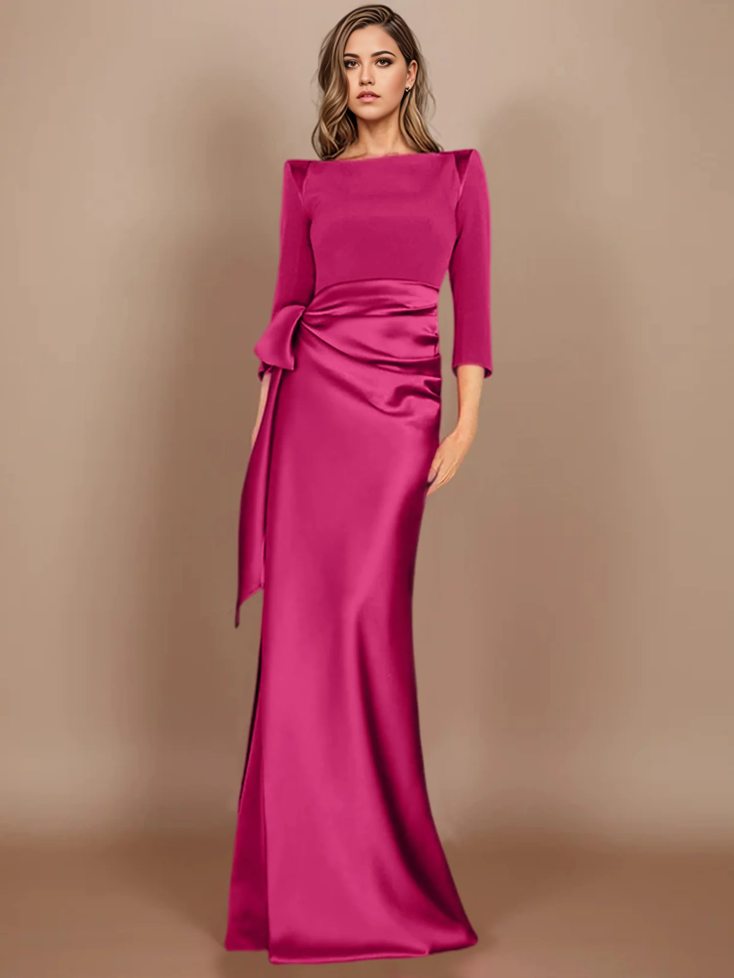 Vestido de madre de la novia con escote en V, manga 3/4, largo hasta el suelo y lazo